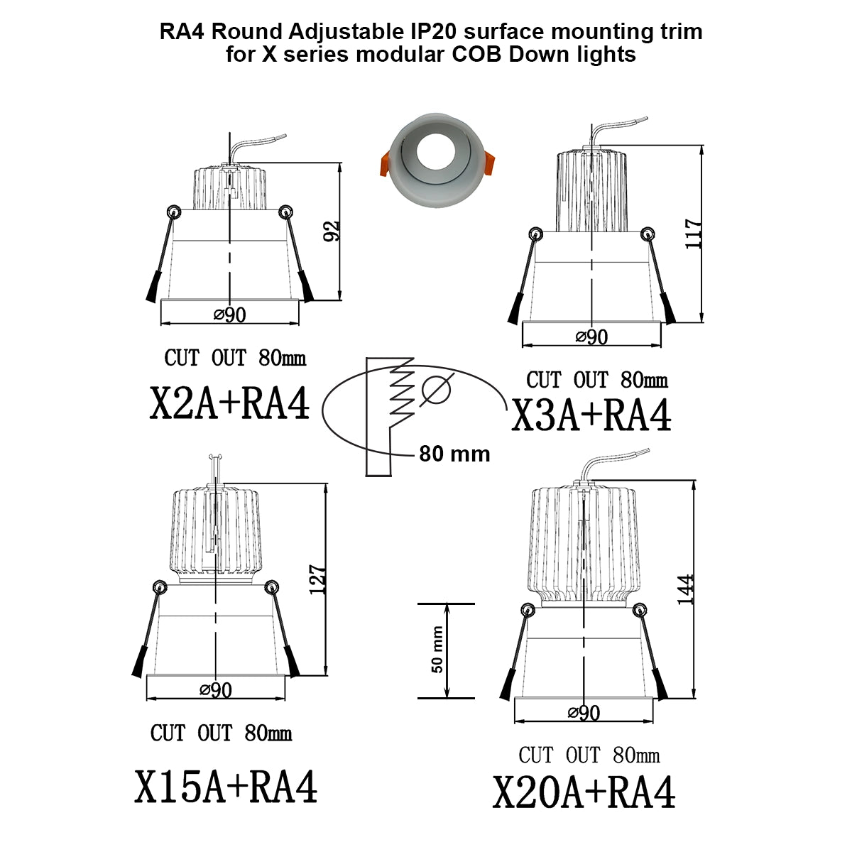 RA4 White- Round gimbal IP44 surface mount trim for X Series COB Modules