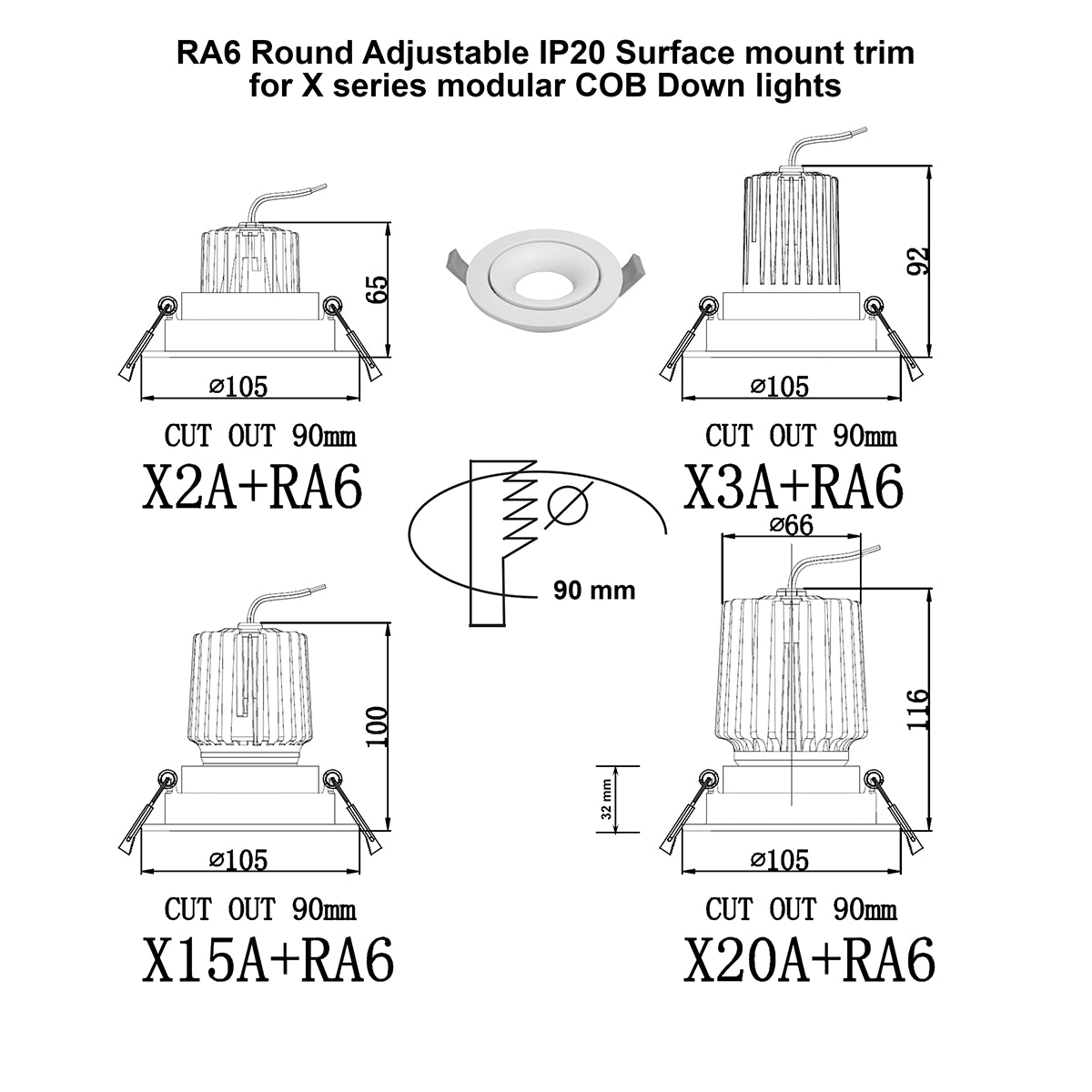 RA6 White- Round adjustable IP20 surface mount trim for X Series COB Modules