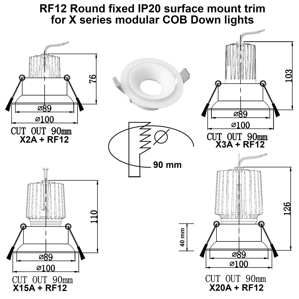 RF12 White- Round fixed IP20 surface mount trim with perspex halo ring for X Series COB Modules