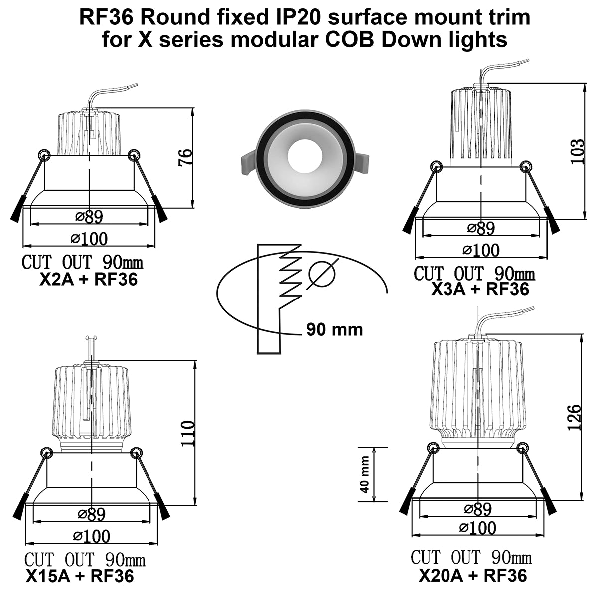 RF36 Black and White- Round fixed IP20 surface mount trim with white halo ring for X Series COB Modules