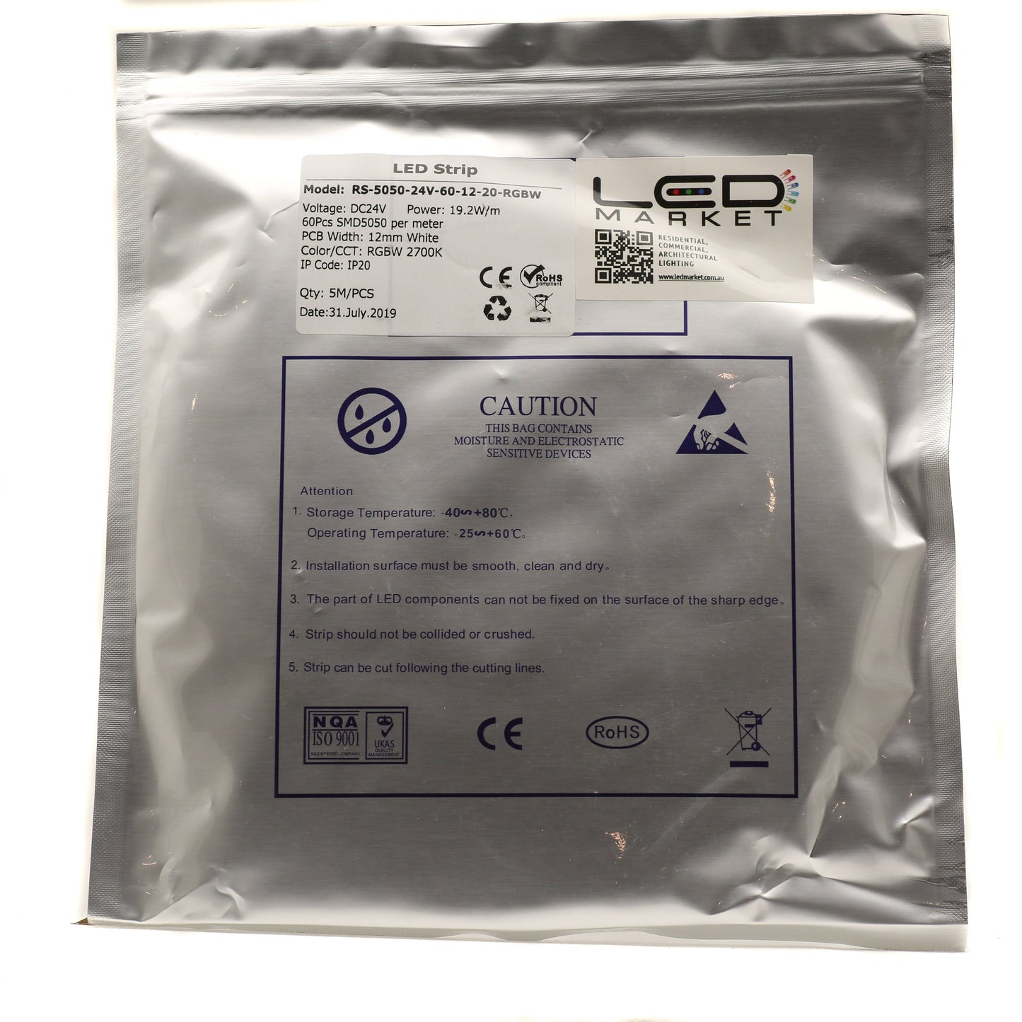 RGBW2700K Strip Light, 12mm PCB, 24V, 160LED/m, 20W/m, IP20 , constant voltage 5m roll