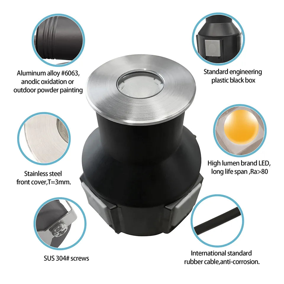 In ground Warm White, 2 Watt, IP67, 24V, Pathway Light, Stainless Steel, Recess Mount, Clear Diffuser