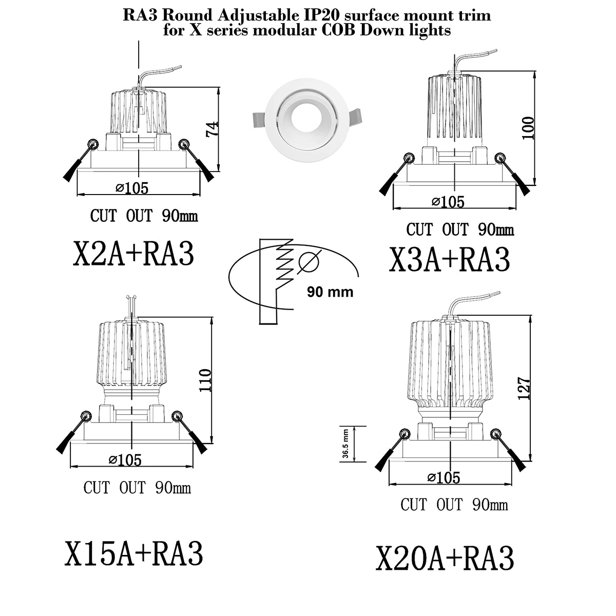 RA3 White- Round Gimbal IP20 surface mount trim for X Series COB Modules