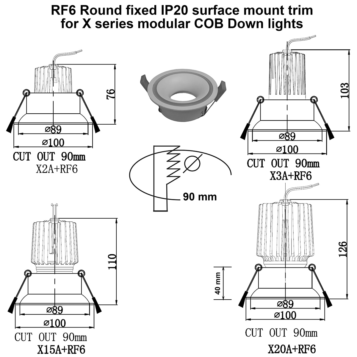 RF6 Black-Round fixed IP20 surface mount trim with halo ring for X Series COB Modules