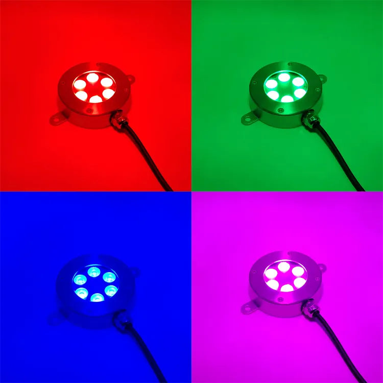 6 x 3 Watt, IP68, 24V, RGB, Pool, Pond Light, Stainless Steel, Surface Mount, Clear Diffuser