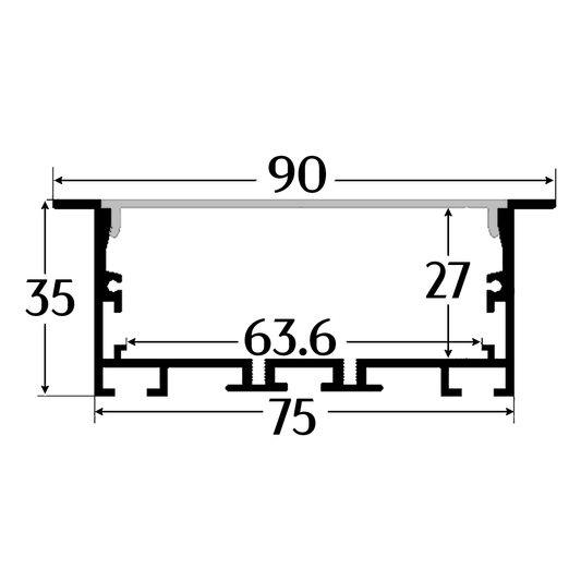 AL-BT-K9035C Recess mounting Aluminium extrusion, profile, channel for strip light with opal diffuser, 90x35x2500mm