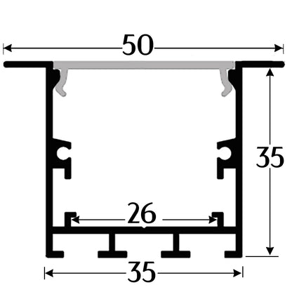 AL-BT-K5035B Recess mounting, Aluminium extrusion, profile, channel for strip light with opal diffuser, 50X35x2500mm