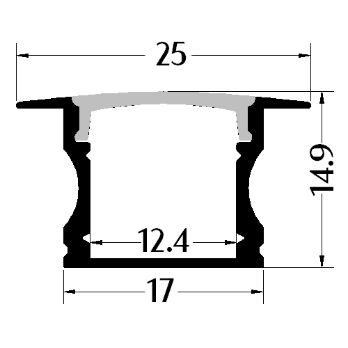 AL-BT-K2515 Recess mounting, Aluminium extrusion, profile, channel for strip light with opal diffuser, 25X17x2500mm