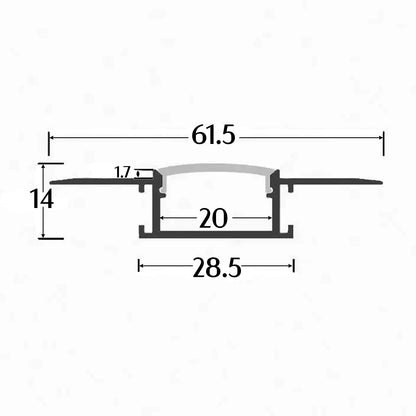 AL-BT-K6214 Embedded mounting Aluminium extrusion, profile, channel for strip light with opal diffuser, 62X14x3000mm