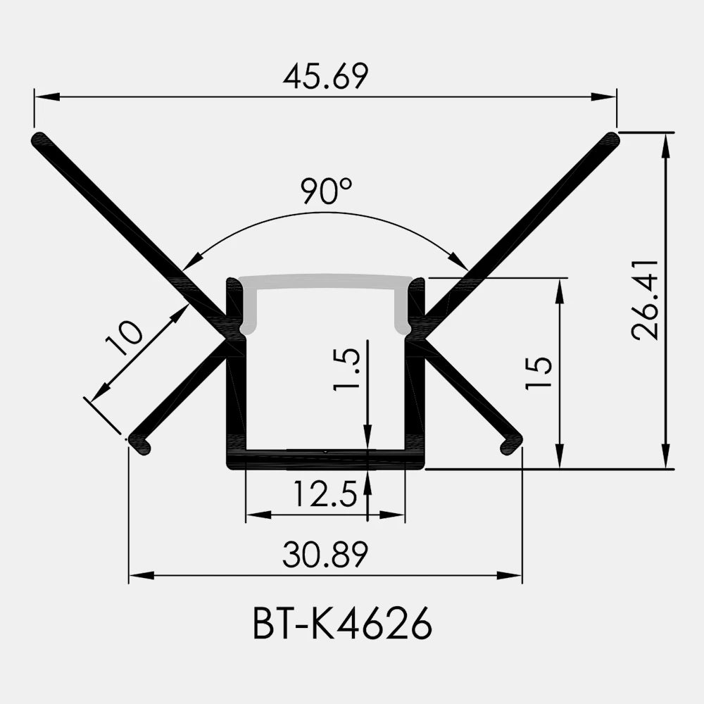 AL-BT-K4626 Embedded mounting Aluminium extrusion, profile, channel for strip light with opal diffuser, 46X26x3000mm