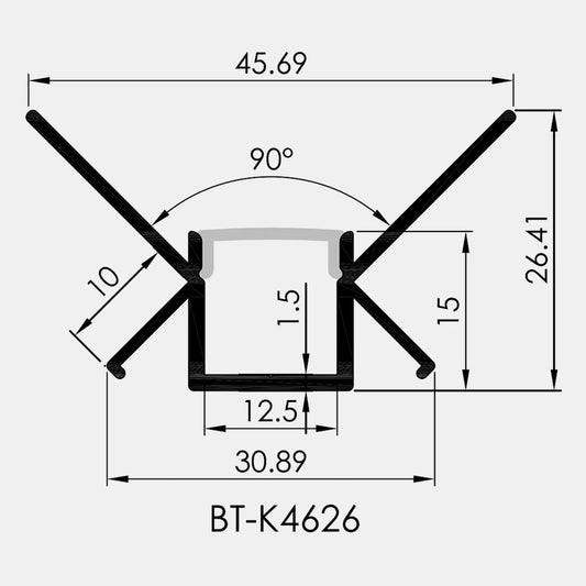 AL-BT-K4626 Embedded mounting Aluminium extrusion, profile, channel for strip light with opal diffuser, 46X26x3000mm