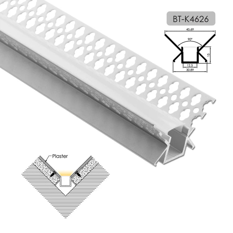 AL-BT-K4626 Embedded mounting Aluminium extrusion, profile, channel for strip light with opal diffuser, 46X26x3000mm