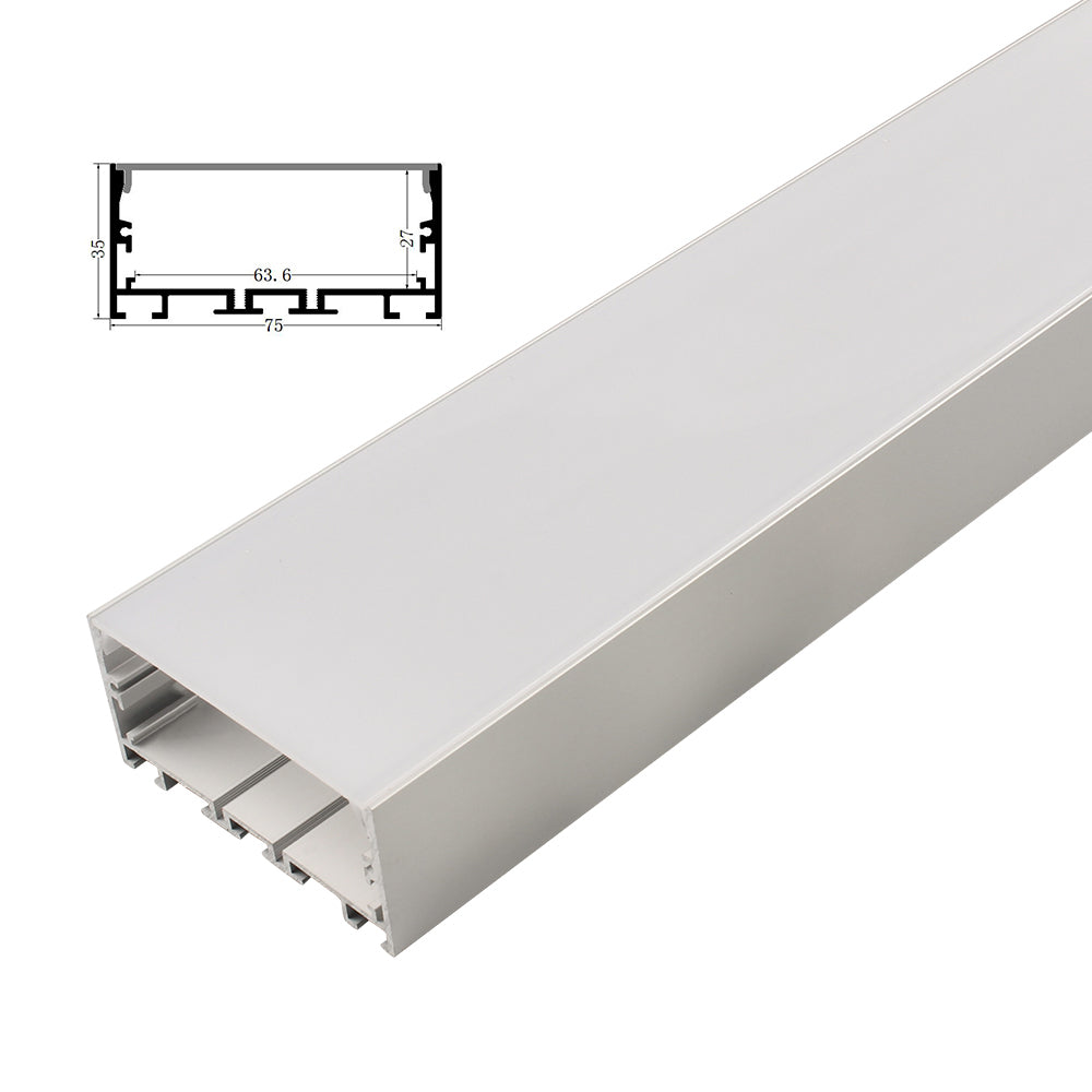 AL-BT-K7535C Surface mounting, Pendant mounting Aluminium extrusion, profile, channel for strip light with opal diffuser, 75x35x2500mm