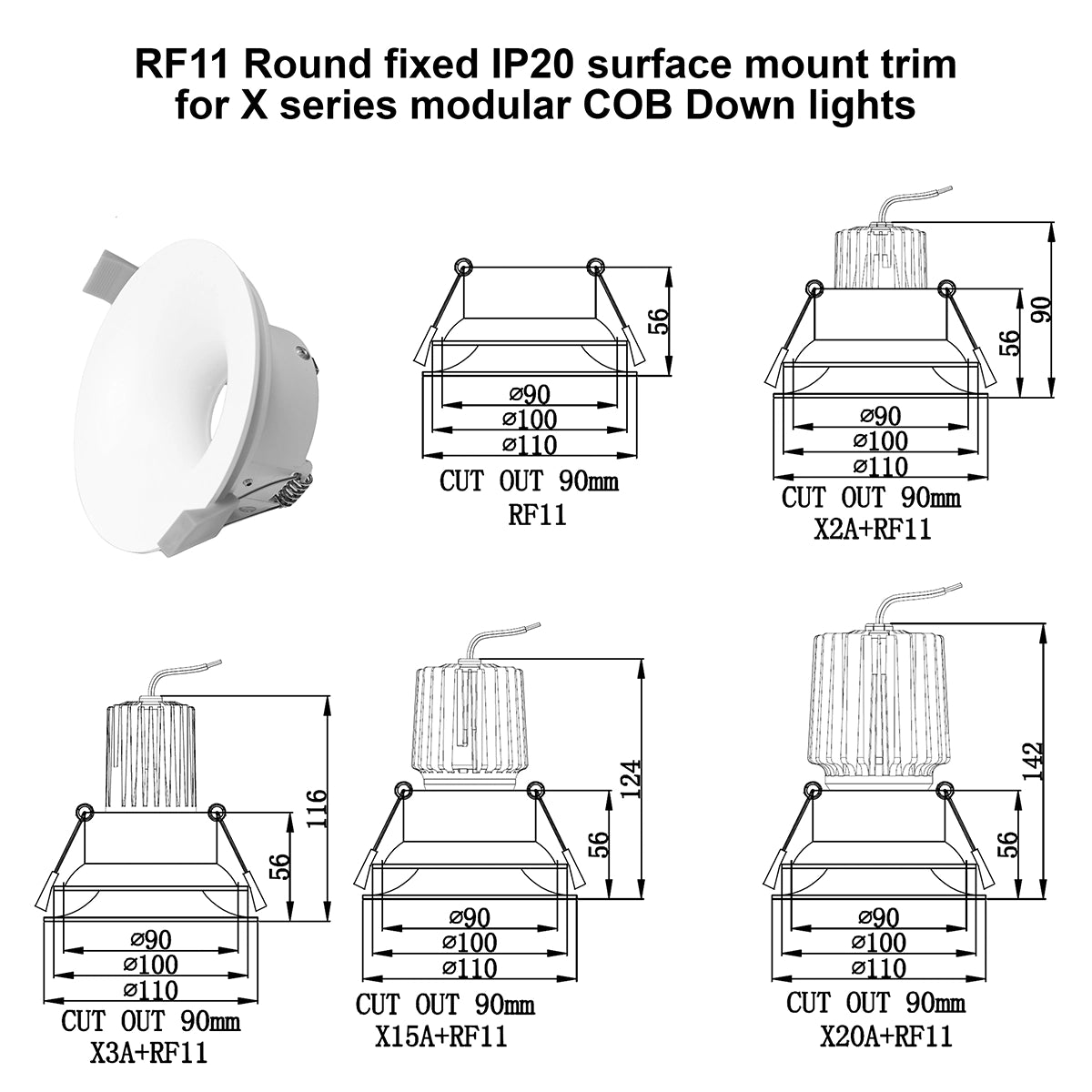 RF11 White- Round fixed IP20 surface mount trim with double fluted shadow ring for X Series COB Modules