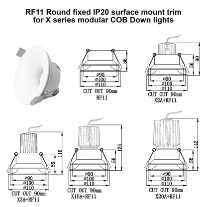 RF11 White- Round fixed IP20 surface mount trim with double fluted shadow ring for X Series COB Modules
