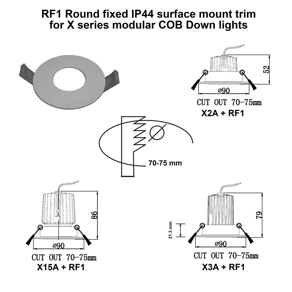 RF1 White- Round fixed IP44 surface mount trim for X Series COB Modules