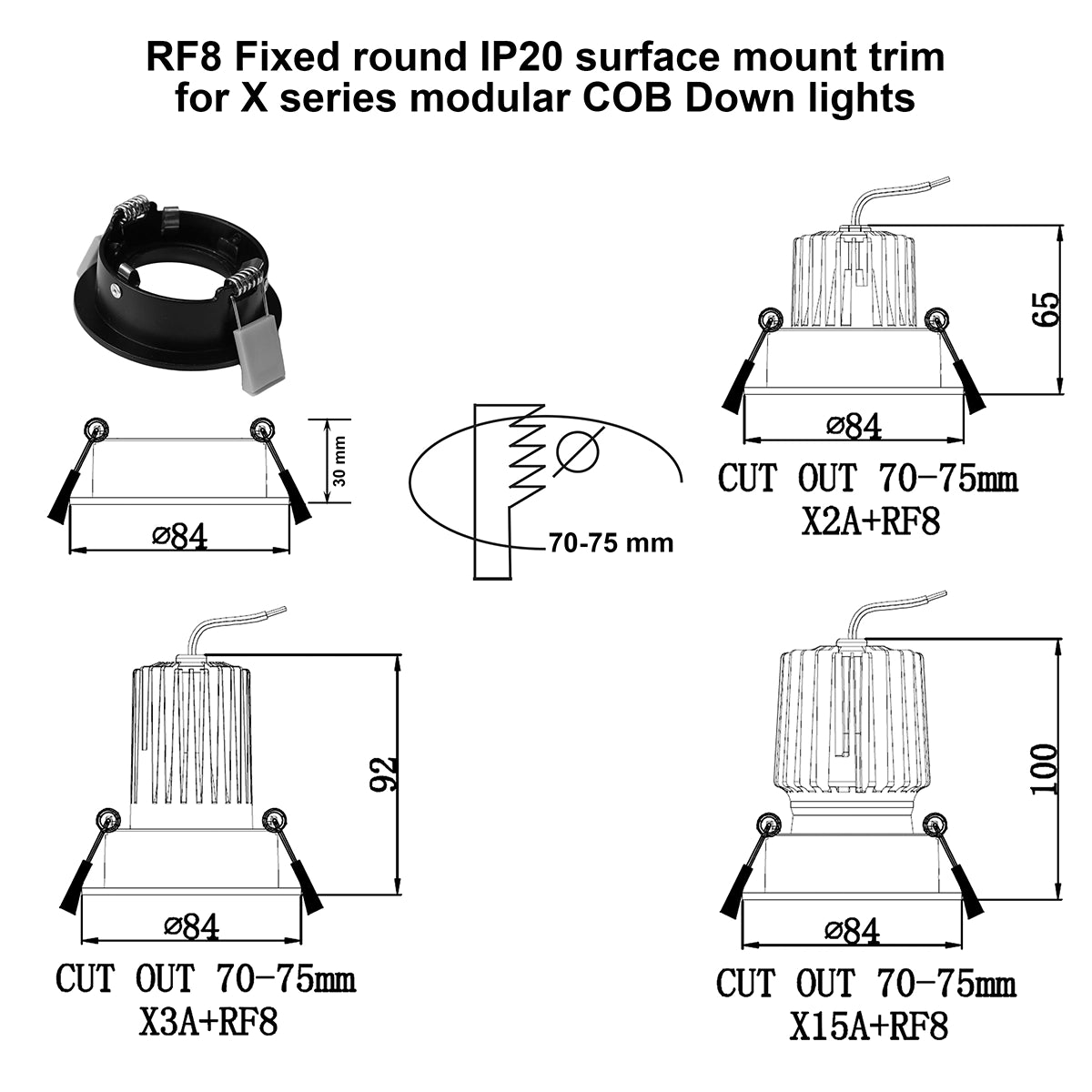 RF8 White- Round fixed IP20 surface mount trim for X Series COB Modules