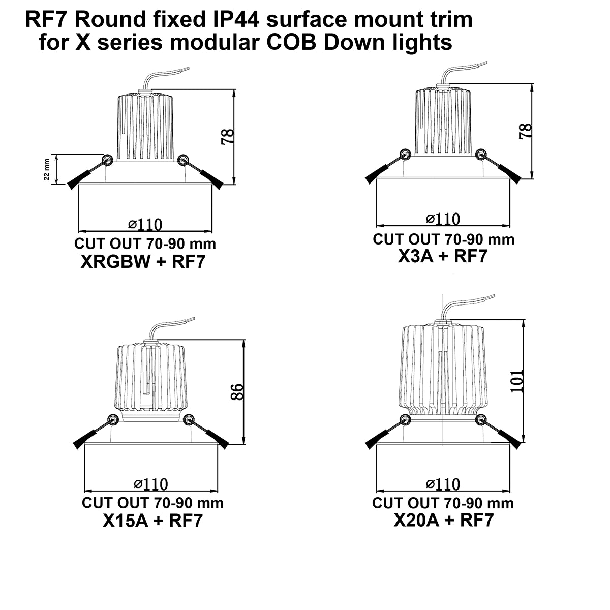 RF7 White- Round fix IP44 surface mount trim for X Series COB Modules
