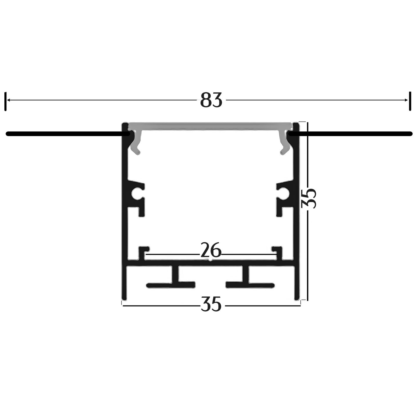 AL-BT-K8335C Embedded mounting Aluminium extrusion, profile, channel for strip light with opal diffuser, 83X35x2500mm