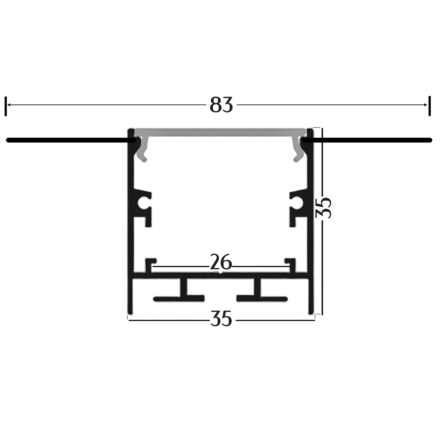 AL-BT-K8335C Embedded mounting Aluminium extrusion, profile, channel for strip light with opal diffuser, 83X35x2500mm