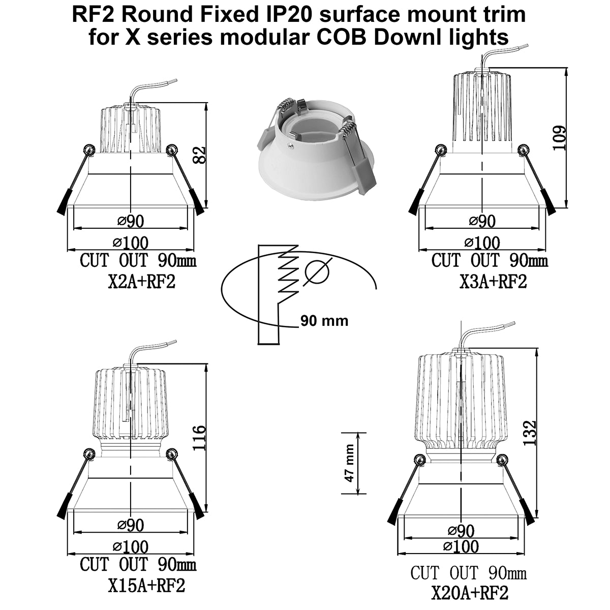 RF2 White-Round fixed IP20 surface mount trim for X Series COB Light modules