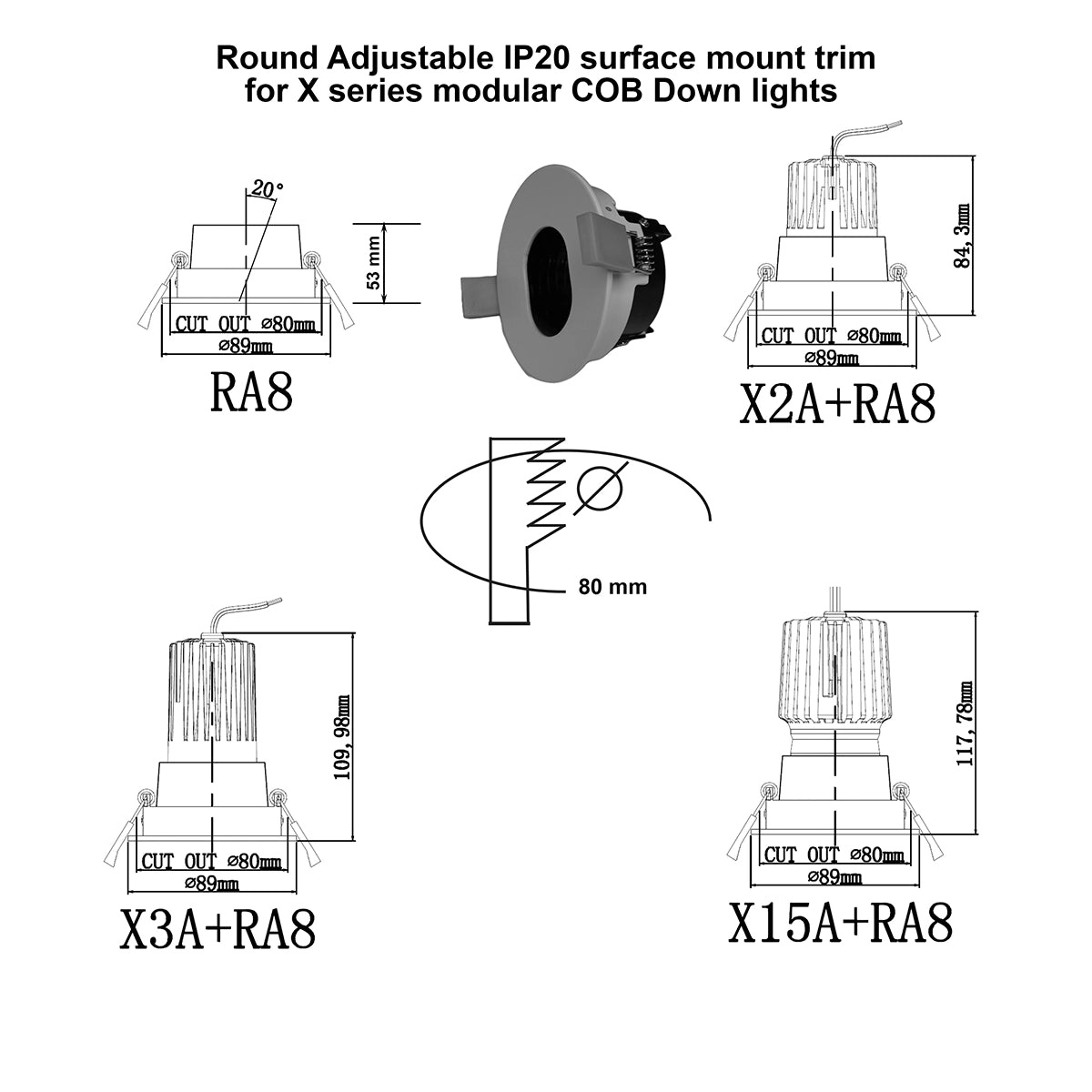RA8 White- Round gimbal IP20 surface mount trim for X Series COB Modules